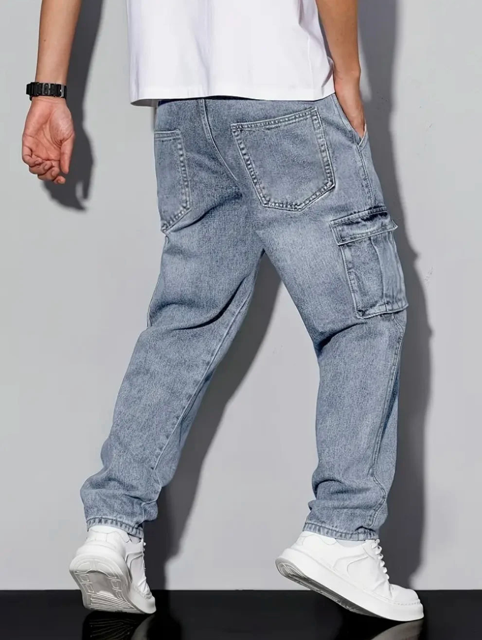 Jeans cargo décontractés rétro américains pour hommes, coupe ample, couleur unie, essentiel de la mode