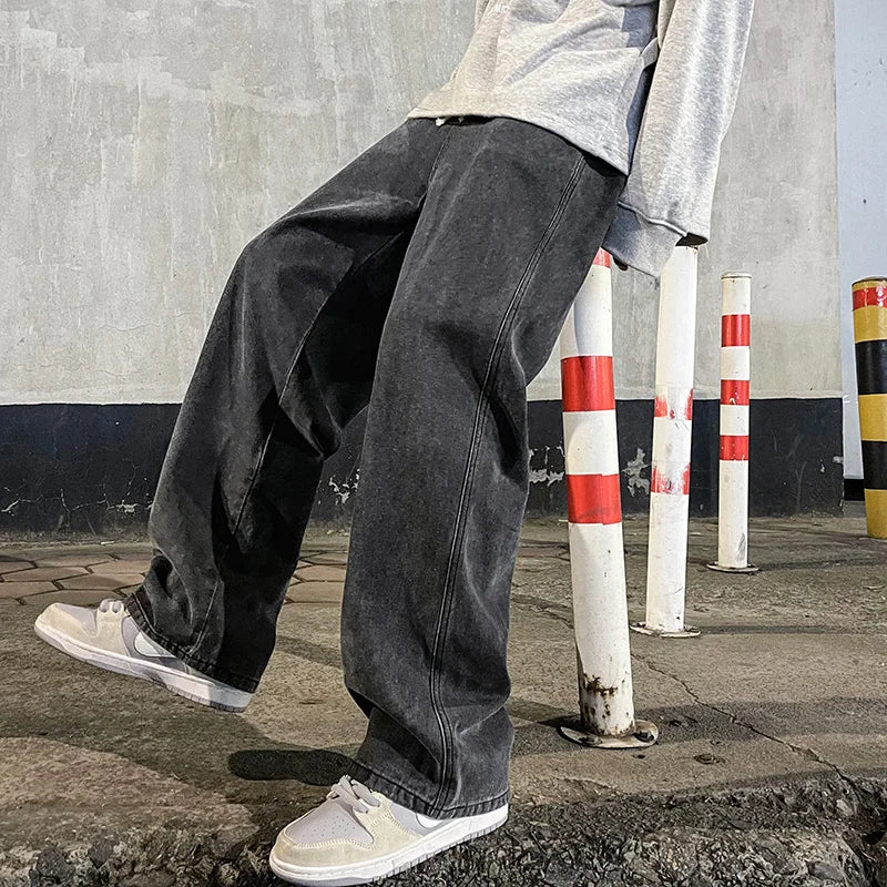 Nouveau Streetwear jean ample hommes Style coréen mode ample droit pantalon à jambes larges hommes marque vêtements noir bleu clair