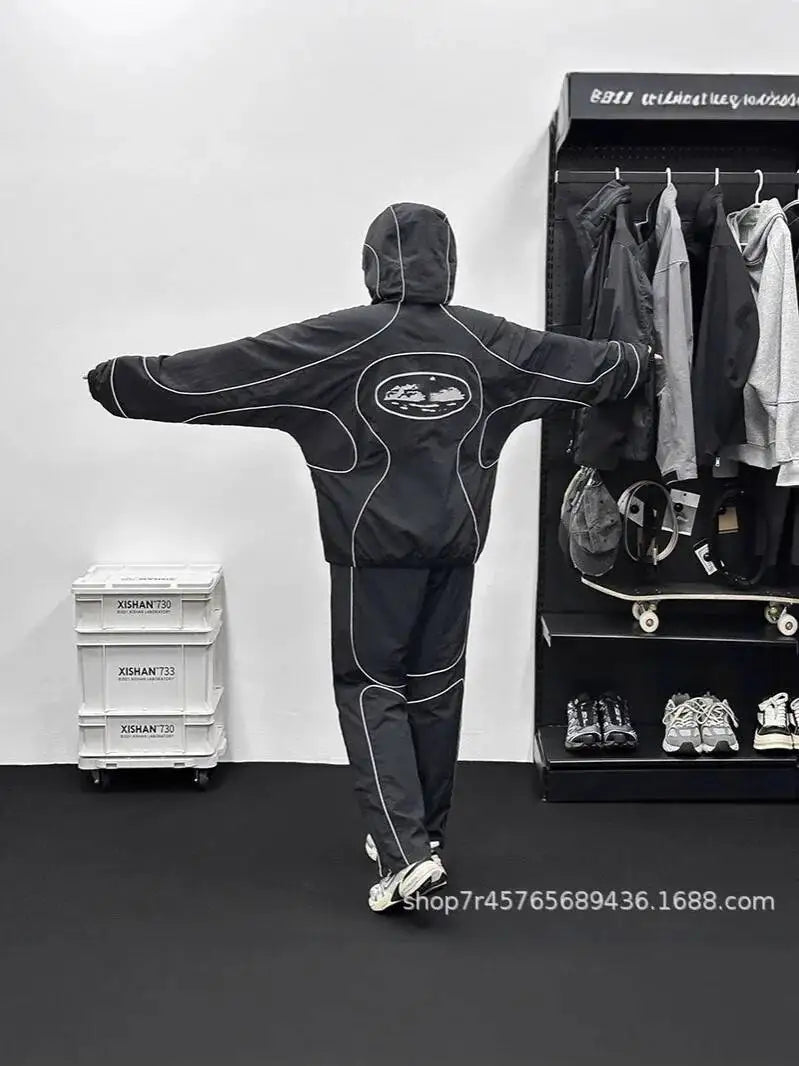 Veste coupe-vent unisexe 2026, manteau ample résistant à l'eau, avec bandes réfléchissantes, fermeture éclair, style vintage streetwear long