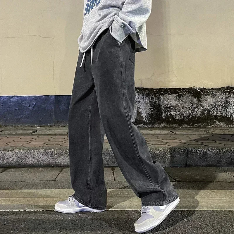 Nouveau Streetwear jean ample hommes Style coréen mode ample droit pantalon à jambes larges hommes marque vêtements noir bleu clair