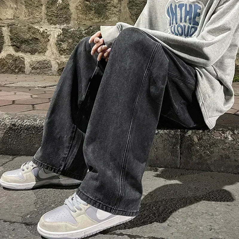 Nouveau Streetwear jean ample hommes Style coréen mode ample droit pantalon à jambes larges hommes marque vêtements noir bleu clair