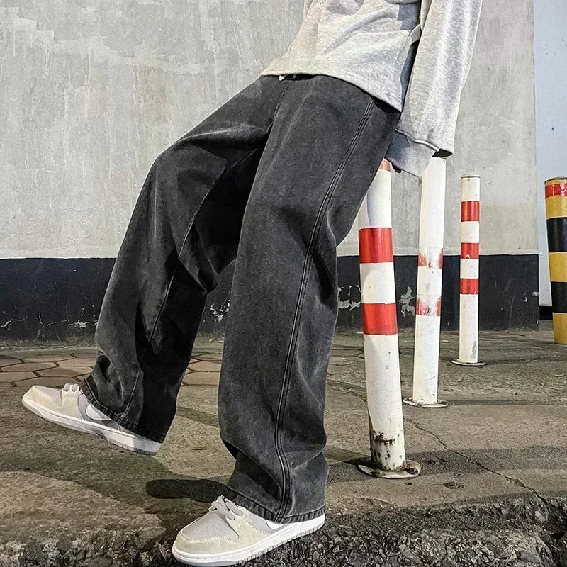 Nouveau Streetwear jean ample hommes Style coréen mode ample droit pantalon à jambes larges hommes marque vêtements noir bleu clair