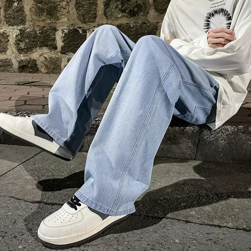 Nouveau Streetwear jean ample hommes Style coréen mode ample droit pantalon à jambes larges hommes marque vêtements noir bleu clair