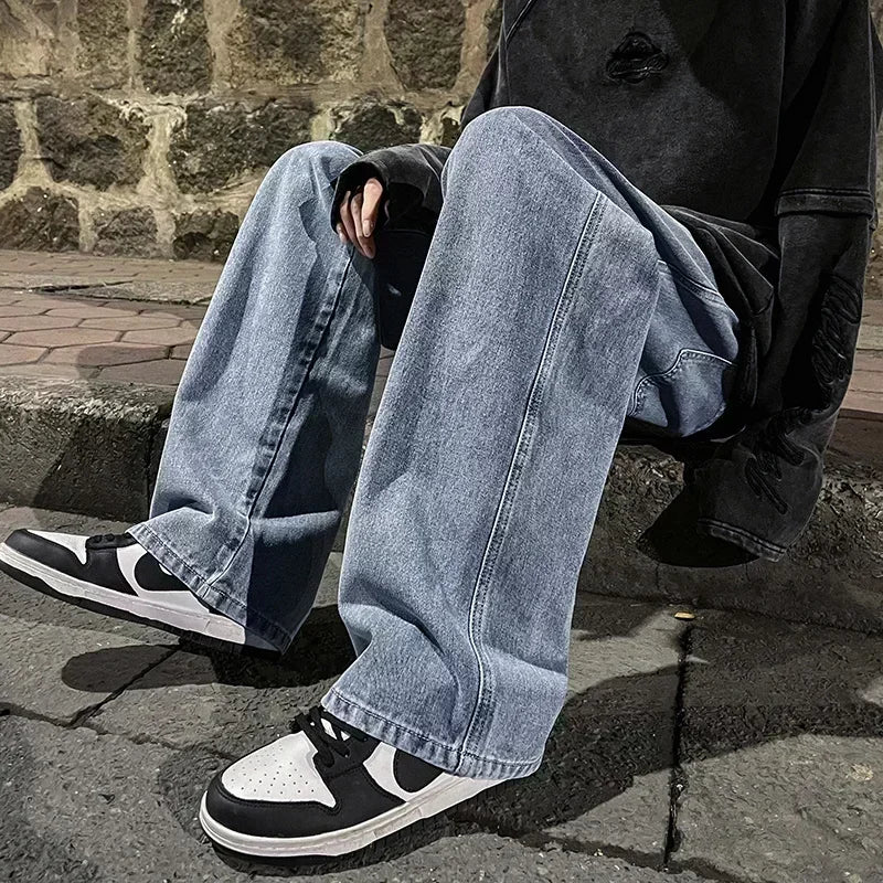 Nouveau Streetwear jean ample hommes Style coréen mode ample droit pantalon à jambes larges hommes marque vêtements noir bleu clair