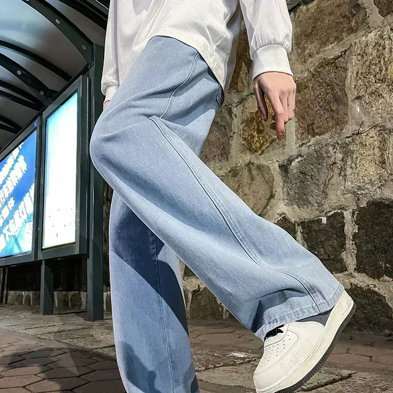 Nouveau Streetwear jean ample hommes Style coréen mode ample droit pantalon à jambes larges hommes marque vêtements noir bleu clair