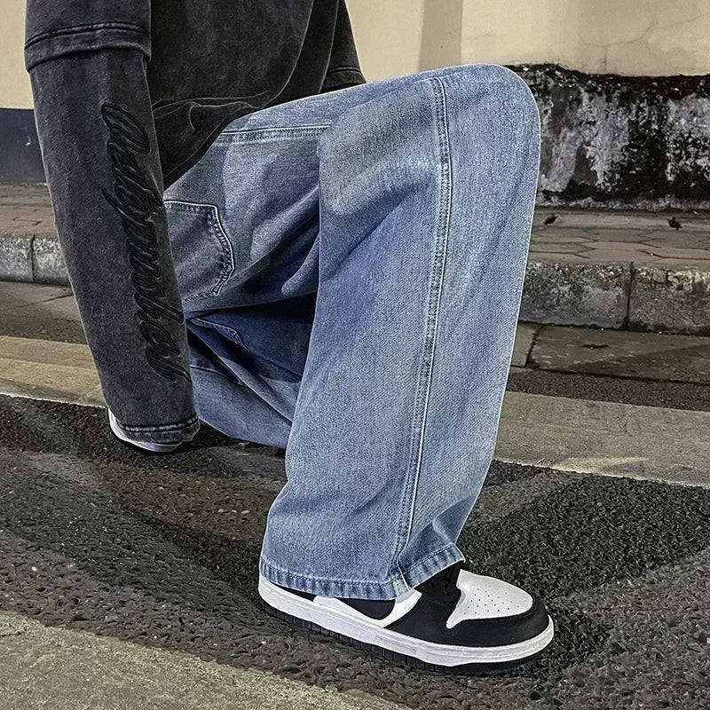 Nouveau Streetwear jean ample hommes Style coréen mode ample droit pantalon à jambes larges hommes marque vêtements noir bleu clair