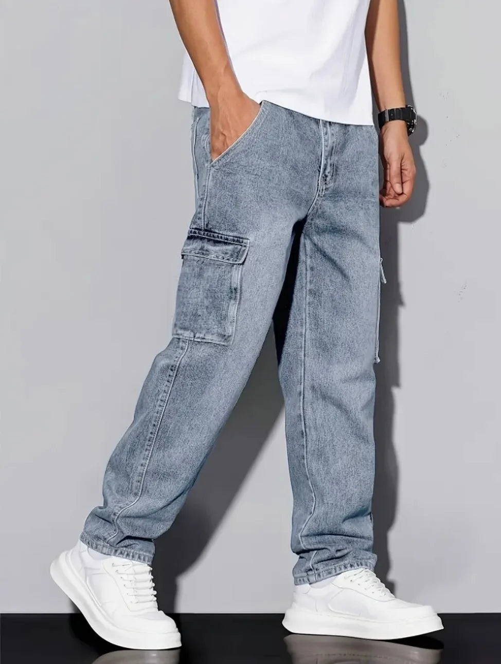 Jeans cargo décontractés rétro américains pour hommes, coupe ample, couleur unie, essentiel de la mode