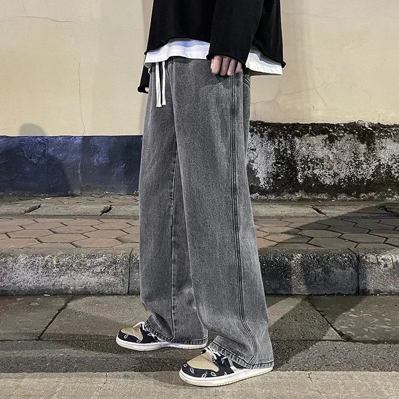 Nouveau Streetwear jean ample hommes Style coréen mode ample droit pantalon à jambes larges hommes marque vêtements noir bleu clair