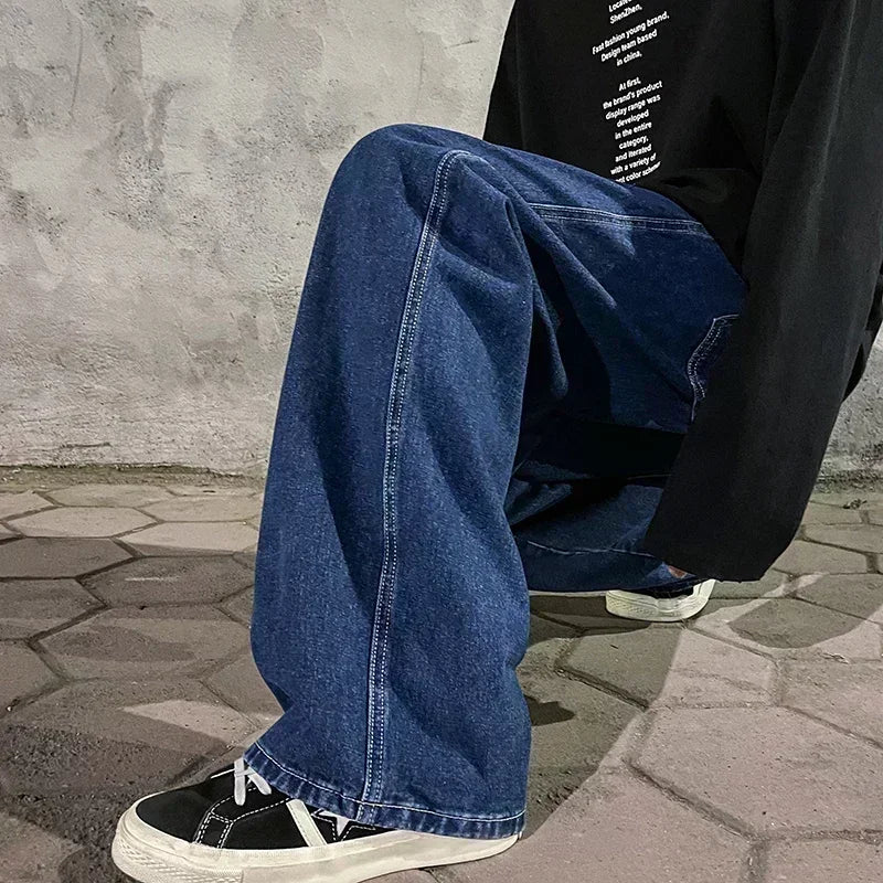 Nouveau Streetwear jean ample hommes Style coréen mode ample droit pantalon à jambes larges hommes marque vêtements noir bleu clair