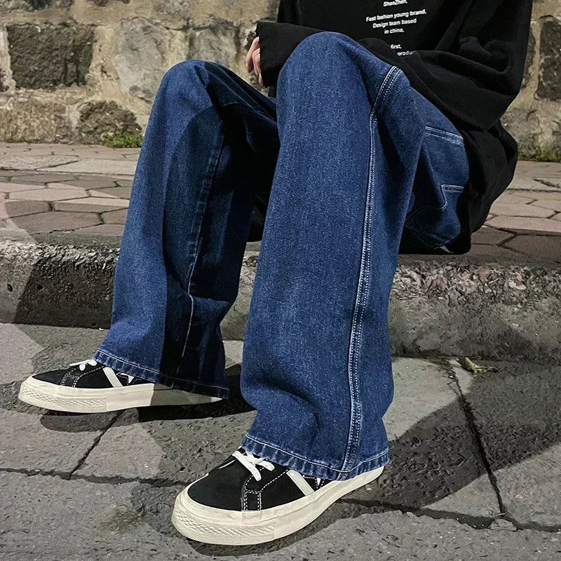 Nouveau Streetwear jean ample hommes Style coréen mode ample droit pantalon à jambes larges hommes marque vêtements noir bleu clair