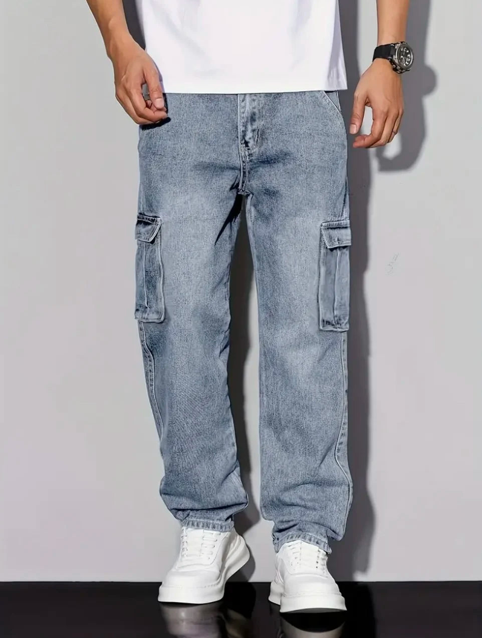Jeans cargo décontractés rétro américains pour hommes, coupe ample, couleur unie, essentiel de la mode