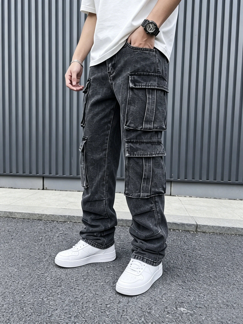 Jean Cargo Baggy Vintage pour Homme, Coupe Droite, Style Hip Hop, Multi-Poches, Jambe Large, Streetwear, Pantalon Cargo Ample