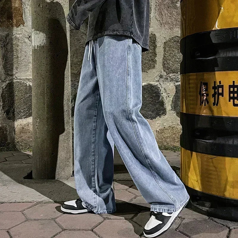 Nouveau Streetwear jean ample hommes Style coréen mode ample droit pantalon à jambes larges hommes marque vêtements noir bleu clair