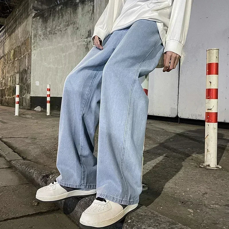 Nouveau Streetwear jean ample hommes Style coréen mode ample droit pantalon à jambes larges hommes marque vêtements noir bleu clair