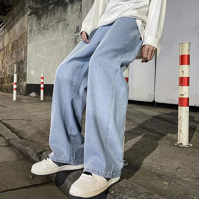 Nouveau Streetwear jean ample hommes Style coréen mode ample droit pantalon à jambes larges hommes marque vêtements noir bleu clair