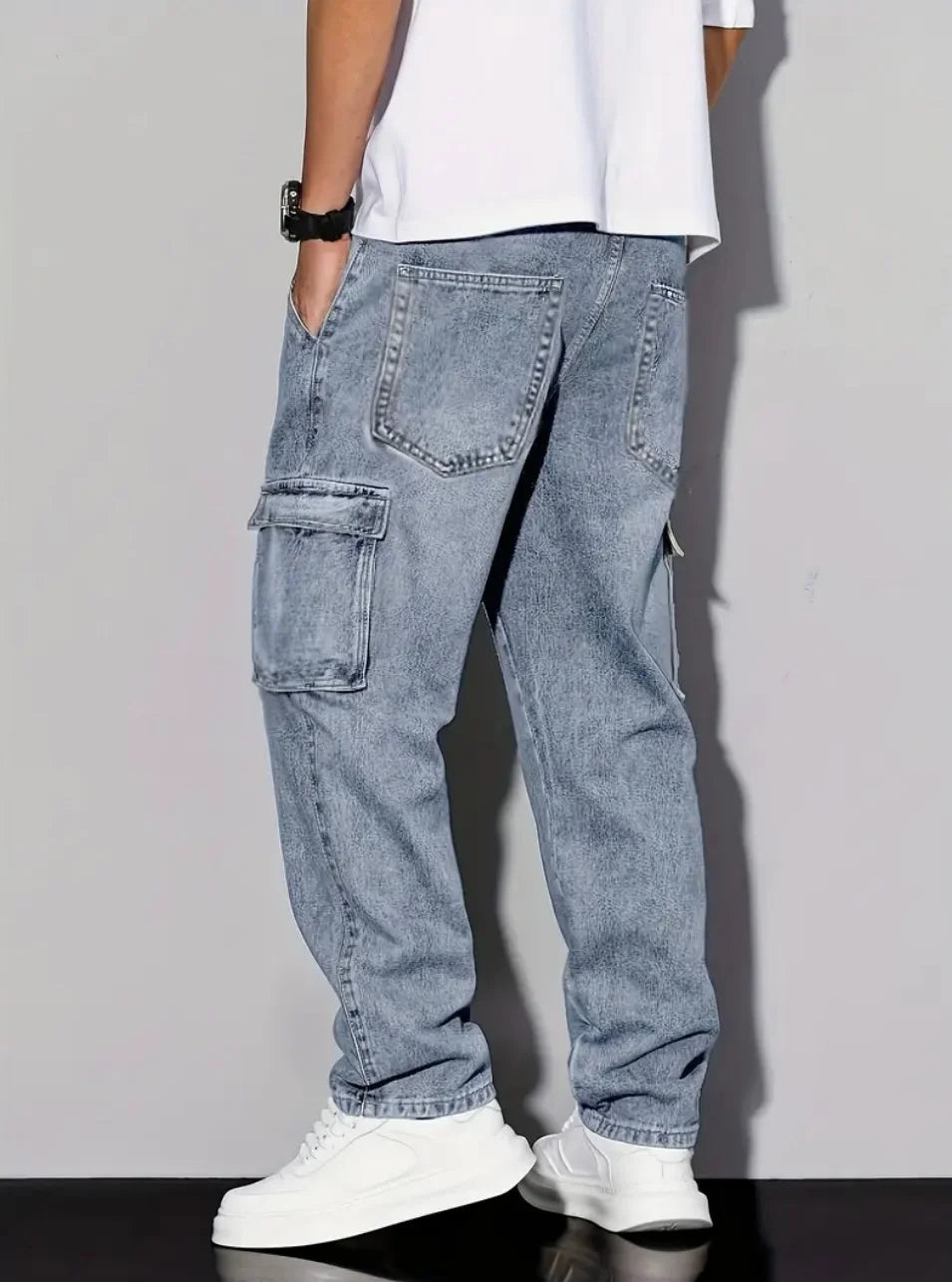 Jeans cargo décontractés rétro américains pour hommes, coupe ample, couleur unie, essentiel de la mode