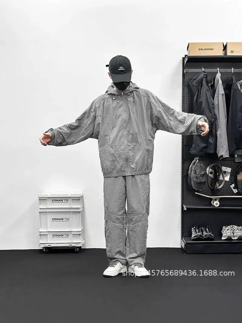 Veste coupe-vent unisexe 2026, manteau ample résistant à l'eau, avec bandes réfléchissantes, fermeture éclair, style vintage streetwear long
