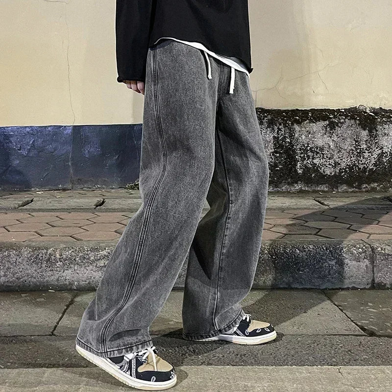 Nouveau Streetwear jean ample hommes Style coréen mode ample droit pantalon à jambes larges hommes marque vêtements noir bleu clair