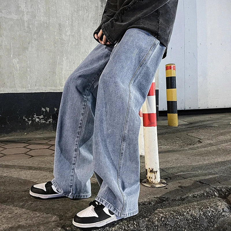 Nouveau Streetwear jean ample hommes Style coréen mode ample droit pantalon à jambes larges hommes marque vêtements noir bleu clair