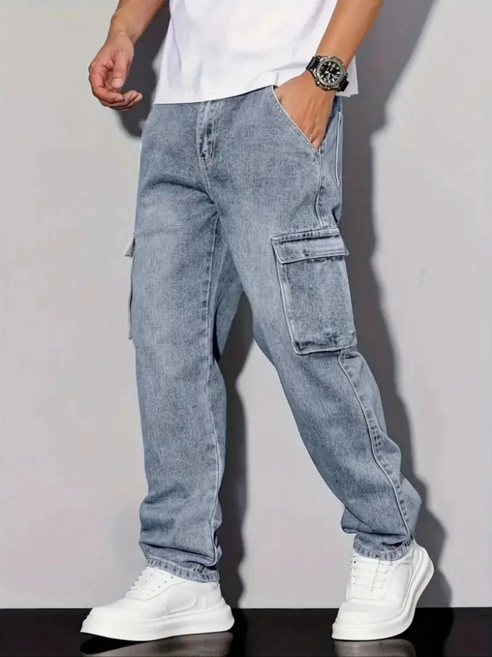 Jeans cargo décontractés rétro américains pour hommes, coupe ample, couleur unie, essentiel de la mode