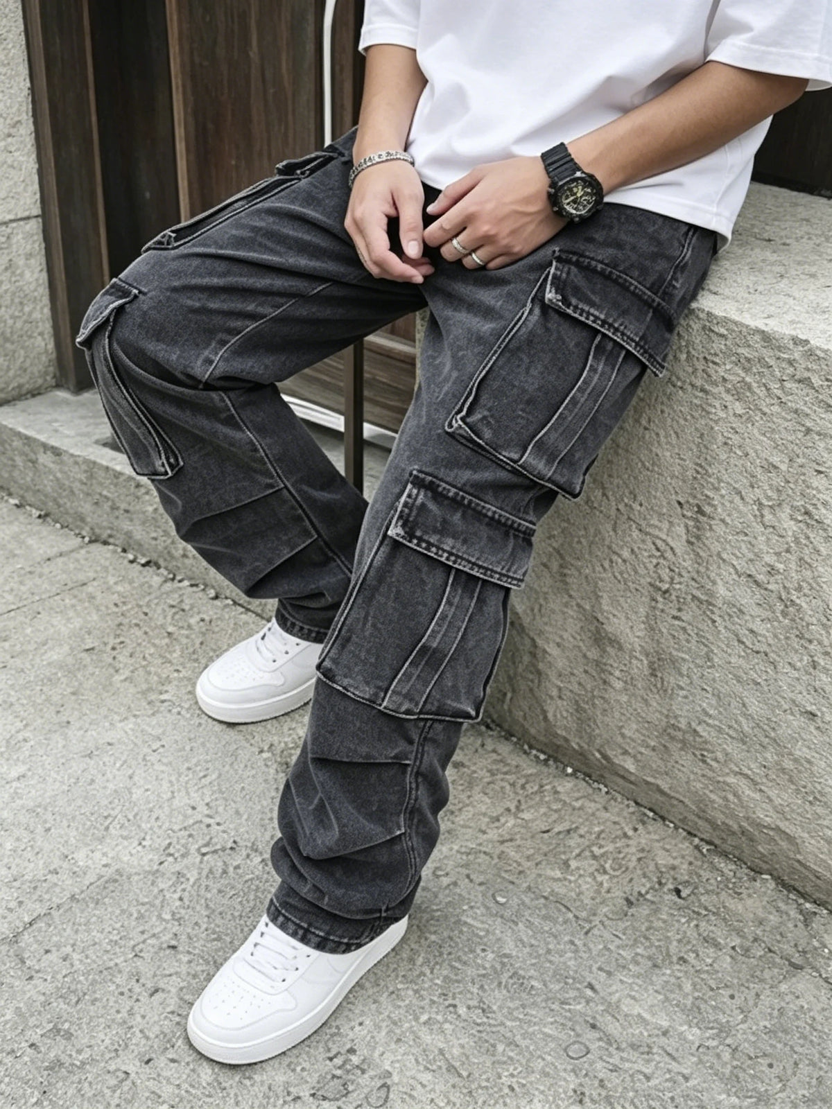 Jean Cargo Baggy Vintage pour Homme, Coupe Droite, Style Hip Hop, Multi-Poches, Jambe Large, Streetwear, Pantalon Cargo Ample