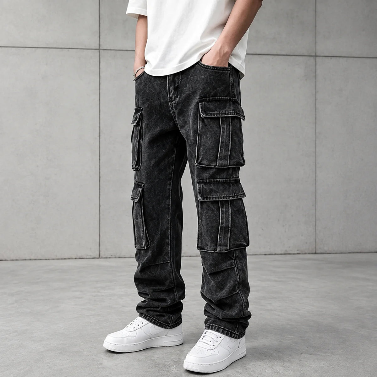 Jean Cargo Baggy Vintage pour Homme, Coupe Droite, Style Hip Hop, Multi-Poches, Jambe Large, Streetwear, Pantalon Cargo Ample