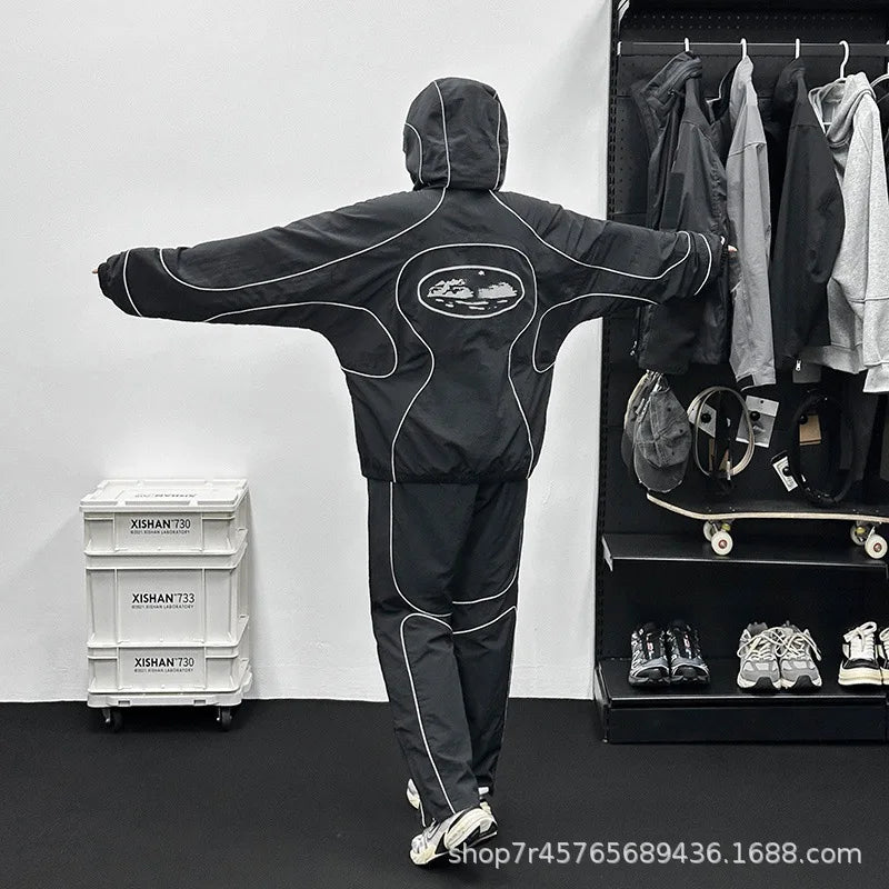Veste coupe-vent unisexe 2026, manteau ample résistant à l'eau, avec bandes réfléchissantes, fermeture éclair, style vintage streetwear long