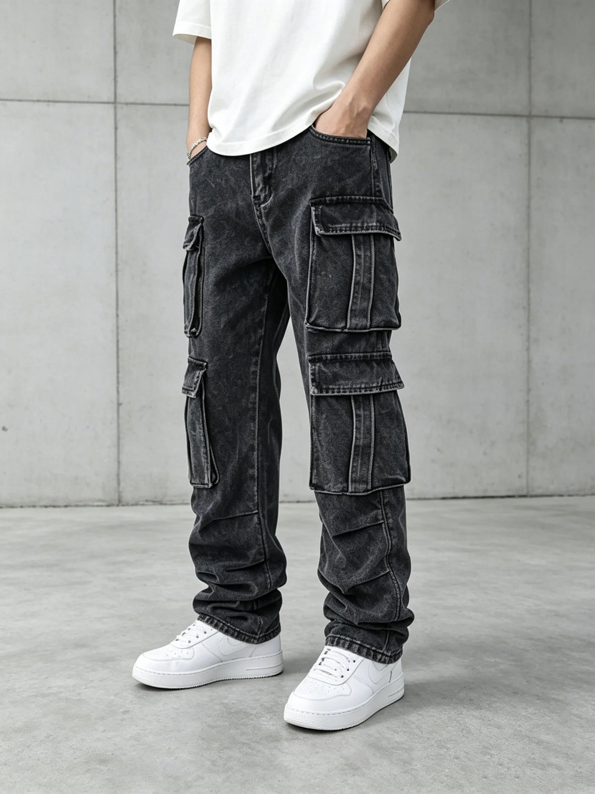 Jean Cargo Baggy Vintage pour Homme, Coupe Droite, Style Hip Hop, Multi-Poches, Jambe Large, Streetwear, Pantalon Cargo Ample
