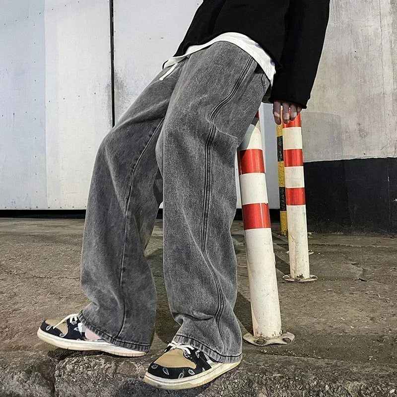 Nouveau Streetwear jean ample hommes Style coréen mode ample droit pantalon à jambes larges hommes marque vêtements noir bleu clair