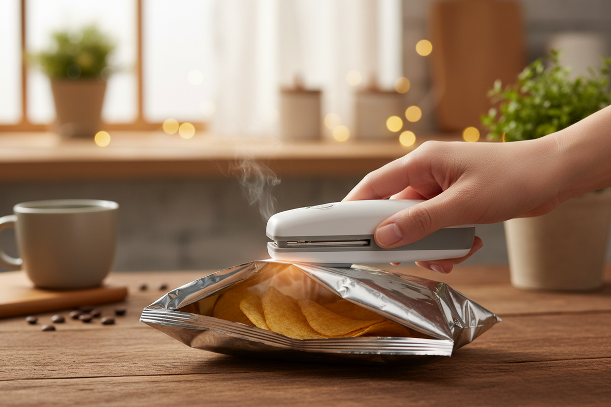 Mini scelleuse thermique pour sacs en plastique, machine de scellement thermique rechargeable, scelleuse portable pour emballages alimentaires, scelleuse à clip pour sacs.
